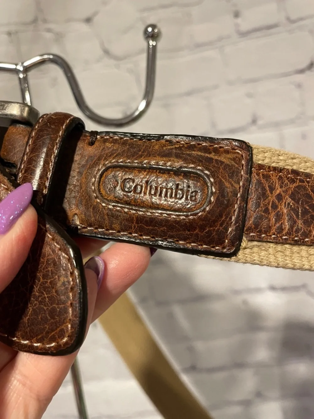 Columbia Brown Leather and Beige Canvas Belt Strap